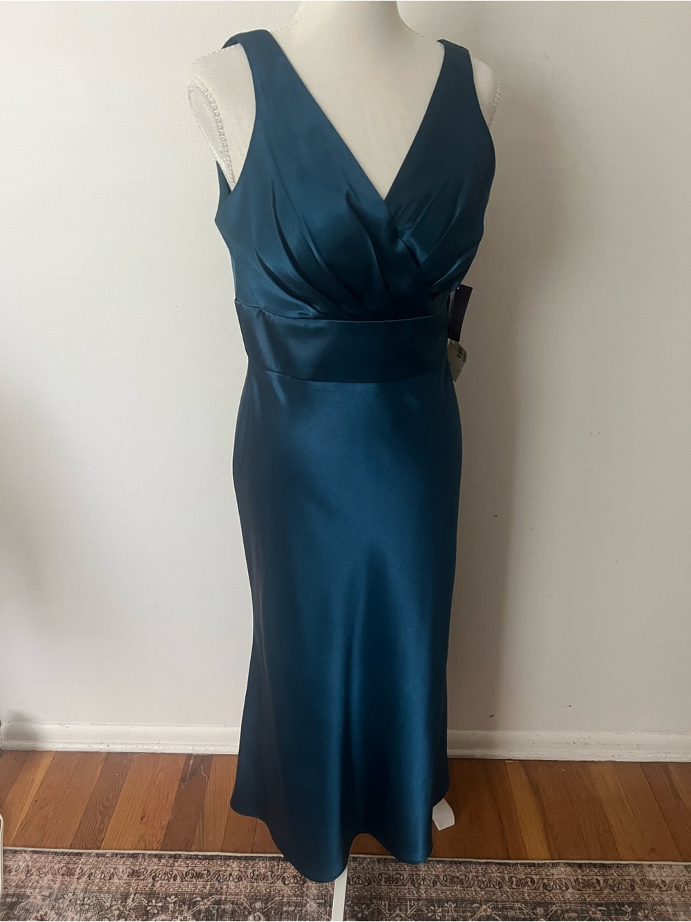 NW Nightway Teal Satin V-Neck Sleeveless Dress, 8P, formal wedding guest NWT